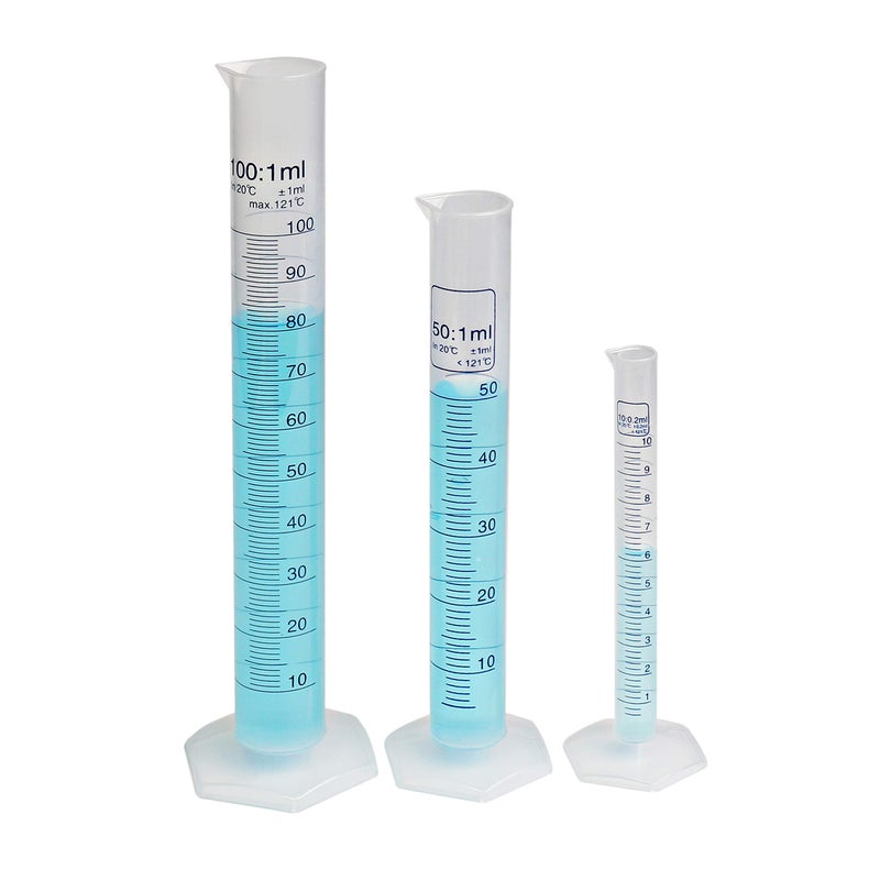 ULAB Scientific Plastic Measuring Cylinder Set, 3 Sizes 10ml 50ml 100ml, PP Material Hexagonal Base, Blue Printed Graduation, UMC1003 - Image 3